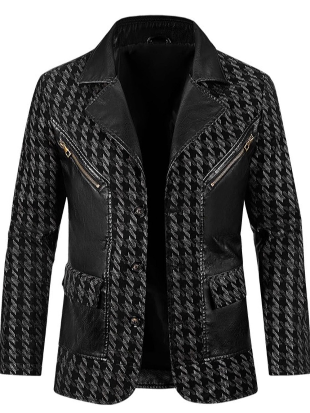 Men's Black Houndstooth Sport Coat with Faux Leather Trim, XL